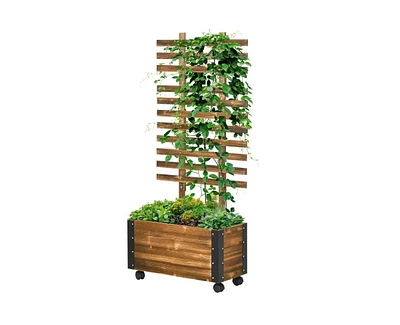 Wooden Raised Garden Bed Planter with Trellis and Wheels for Easy Mobility