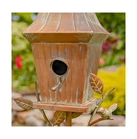 Copper Finish Metal Garden Birdhouse with Stake and Pole for Outdoor Decor