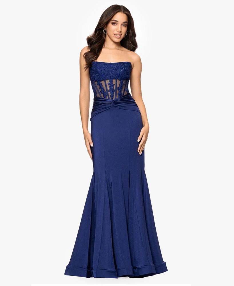 Blondie Nites Juniors' Embroidered Corset Trumpet Gown