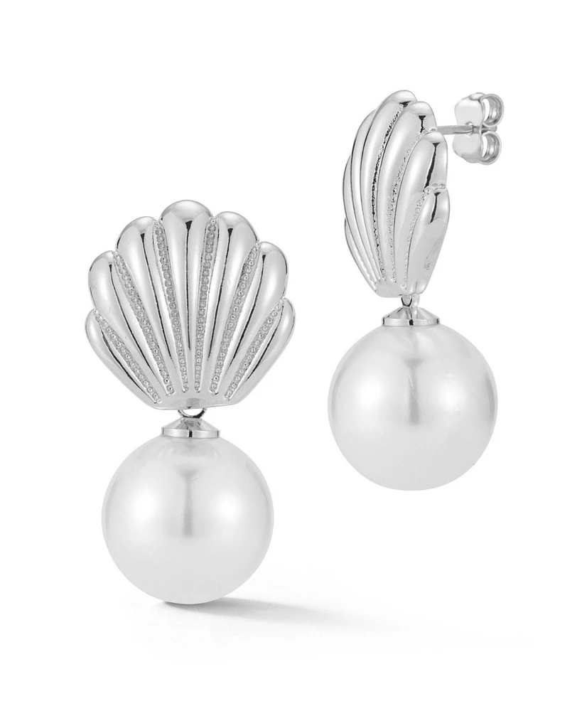Rachel Zoe Rhodium Plated Shell Pearl Drop Earrings