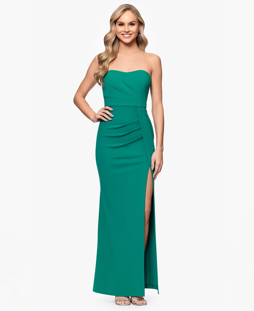 Blondie Nites Juniors' Strapless Ruched Side-Slit Gown