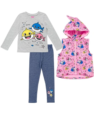 Baby Shark Toddler Girls Pinkfong Shark Zip Up Fleece Vest T-Shirt and Pants 3 Piece Outfit Set
