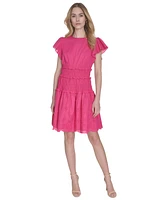 Eliza J Women's Cotton Smocked Embroidered Flutter-Sleeve Dress
