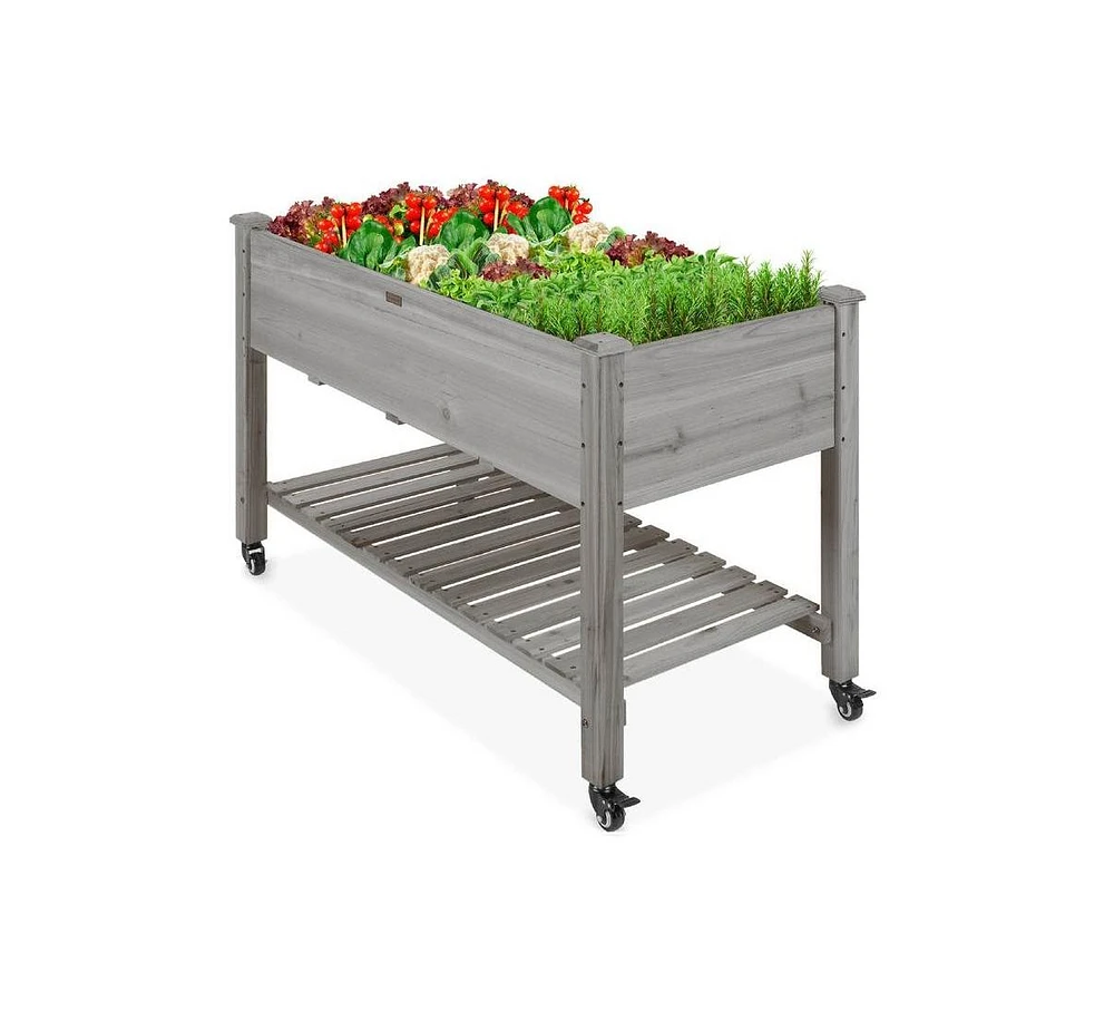 Outdoor Wood Raised Garden Bed Planter Box with Shelf and Locking Wheels