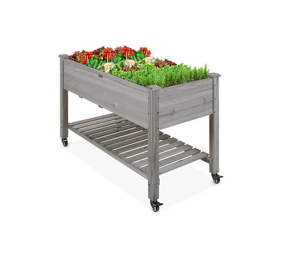 Outdoor Wood Raised Garden Bed Planter Box with Shelf and Locking Wheels