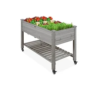 Outdoor Wood Raised Garden Bed Planter Box with Shelf and Locking Wheels