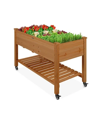 Outdoor Wood Raised Garden Bed Planter Box with Shelf and Locking Wheels