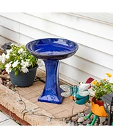 Ceramic Bird Bath for Outside - 16" H - Uv- and Frost-Resistant - Pedestal Bird Bath - Blue Glazed Bowl