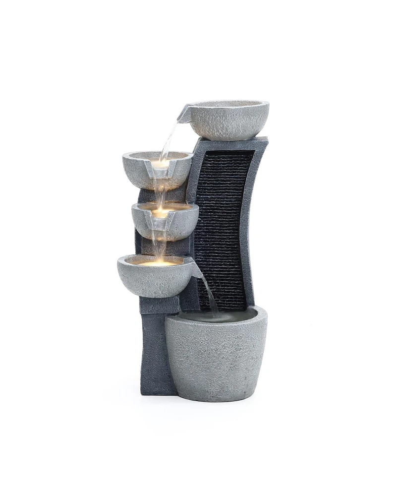 LuxenHome 5-Bowl Multi-Gray Modern Sculpture 26-Inch Tall Resin Fountain with Lights