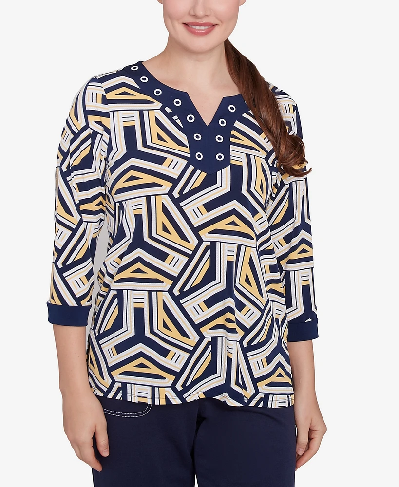 Alfred Dunner Women's Block Island Geometric Grommet Trim Top