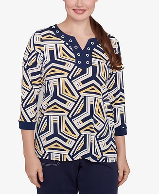 Alfred Dunner Women's Block Island Geometric Grommet Trim Top