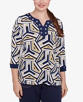 Alfred Dunner Women's Block Island Geometric Grommet Trim Top
