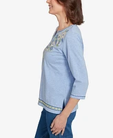 Alfred Dunner Women's Flower Power Embroidered Daisy Split Neckline Top