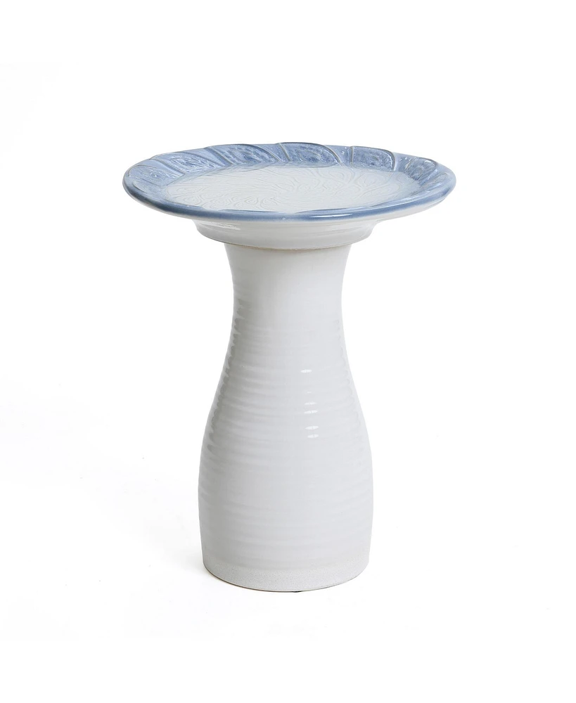 LuxenHome Blue Rim Feather-Pattern White Ribbed 20-Inch Tall Ceramic Birdbath