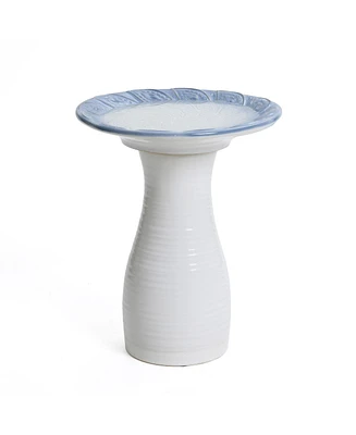 LuxenHome Blue Rim Feather-Pattern White Ribbed 20-Inch Tall Ceramic Birdbath