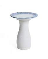 LuxenHome Blue Rim Feather-Pattern White Ribbed 20-Inch Tall Ceramic Birdbath