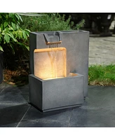 LuxenHome Cascading Gray with Speckled Black Rectangle 20-Inch Tall Resin Garden Fountain with Lights and Planter