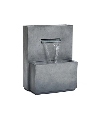 LuxenHome Cascading Gray with Speckled Black Rectangle 26-Inch Tall Resin Garden Fountain with Planter