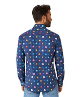OppoSuits Big & Tall Pixel Official Pac-man Shirt - Retro Gaming Outfit Including 1 Button- Up Blue Long sleeve