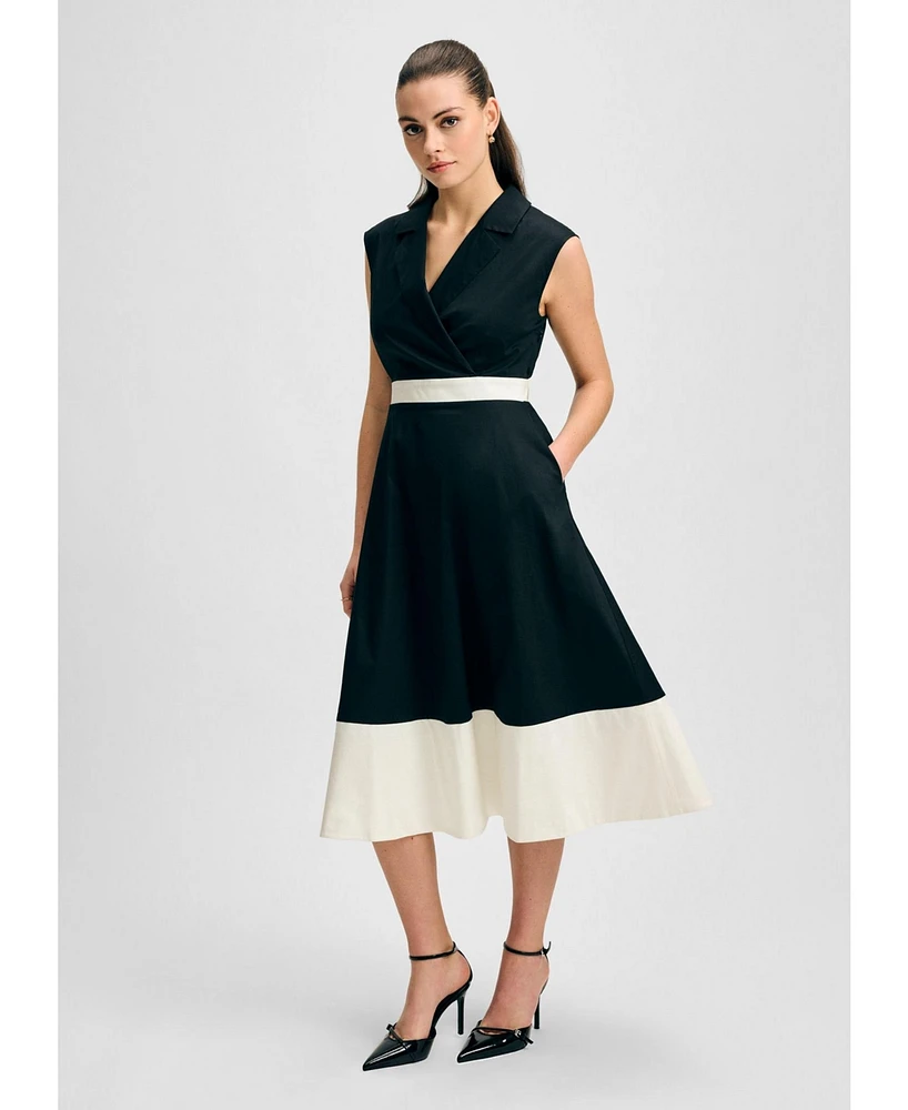 Isaac Mizrahi Women's Notched Collar Full Skirt Midi Cotton Dress