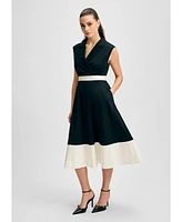 Isaac Mizrahi Women's Notched Collar Full Skirt Midi Cotton Dress