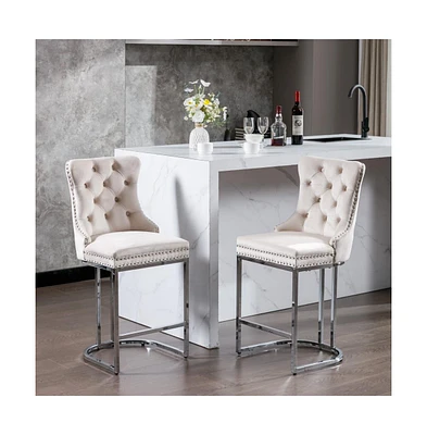 Set of 2 Counter Height Bar Stools Modern Velvet Barstools with Button Back Rivet Trim and Sturdy Chromed Metal Base for Kitchen Island-The Pop Home