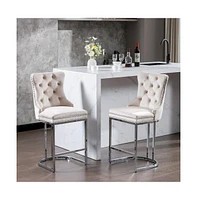 Set of 2 Counter Height Bar Stools Modern Velvet Barstools with Button Back Rivet Trim and Sturdy Chromed Metal Base for Kitchen Island-The Pop Home
