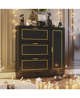 The 3 drawer cabinet with metal frame strips and a side cabinet,Black wooden shoe rack with adjustable partitions