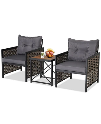 Gymax 3PCS Rattan Furniture Set Acacia Wood Coffee Table & 2 Chairs Backyard Patio