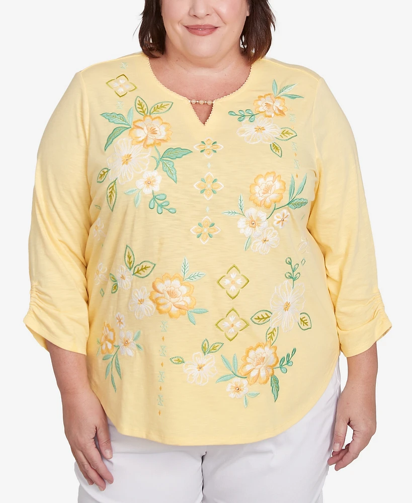 Alfred Dunner Plus Rise and Shine Sunny Floral Embroidered Split Neck Top