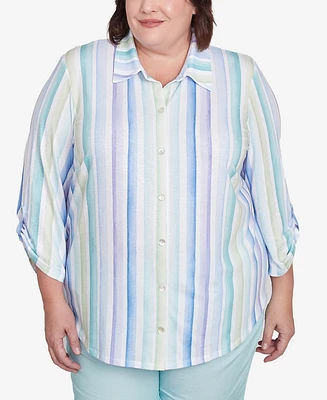 Alfred Dunner Plus St. Thomas Island Mint Stripe Knit Button Front Top