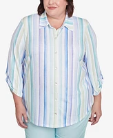 Alfred Dunner Plus St. Thomas Island Mint Stripe Knit Button Front Top