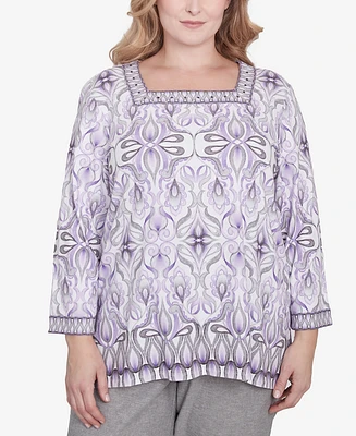 Alfred Dunner Plus Crystal Springs Border Square Neck Top