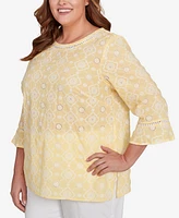 Alfred Dunner Plus Rise and Shine Embroidered Floral Eyelet Bell Sleeve Top