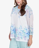 Alfred Dunner Plus St. Thomas Textured Sky Blue Floral Border Top