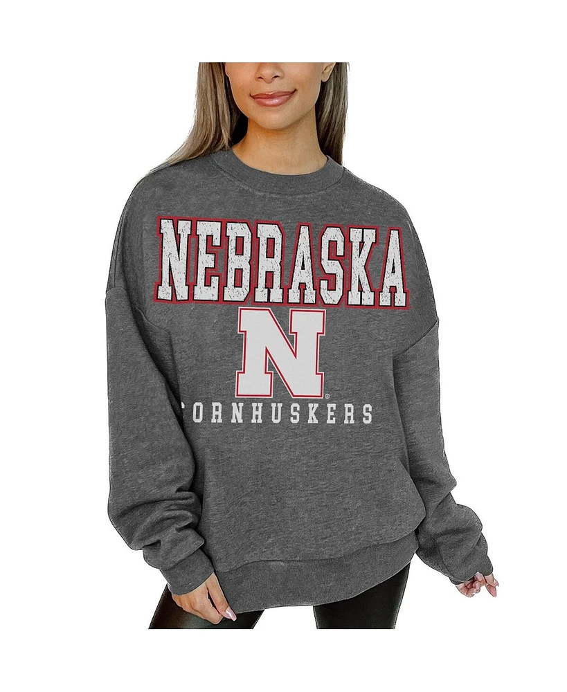 Gameday Couture Women's Heather Charcoal Nebraska Huskers Distressed Fleece Pullover Sweatshirt