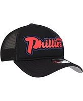 New Era Men's Black Philadelphia Phillies Retro Bold A-Frame Trucker 9FORTY Adjustable Hat