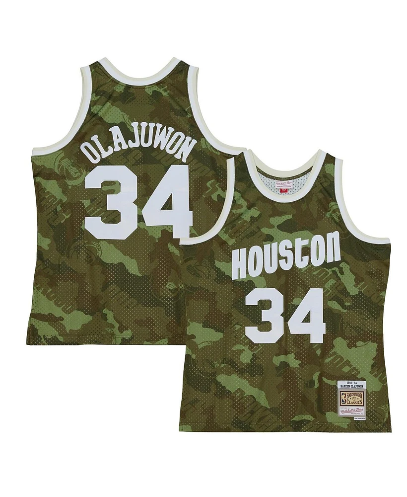 Mitchell & Ness Men's Hakeem Olajuwon Camo Houston Rockets Hardwood Classics 1993/94 Ghost Green Swingman Jersey