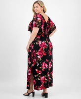 Connected Plus Floral Cape-Overlay Maxi Dress