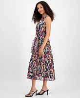 Sandra Darren Petite Printed Pleated Chiffon Maxi Dress