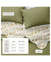 Linery & Co. Cotton Stitched Reversible Floral 3 Piece Scalloped Quilt and Sham Set