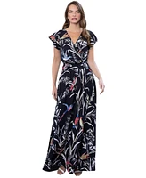 HotSquash London Women's Abstract Print Chiffon Faux Wrap Maxi Dress