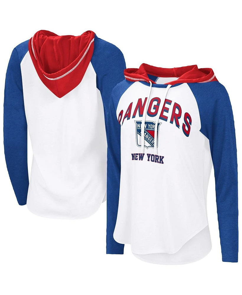 G-iii 4Her by Carl Banks Women's White/Royal New York Rangers Vip Raglan Long Sleeve Hoodie T-Shirt