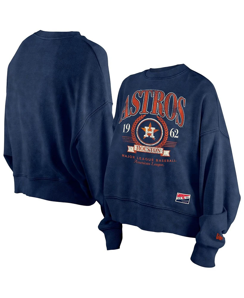 New Era Women's Navy Houston Astros Throwback Boxy Enzyme Wash Fleece Crewneck Pullover Hoodie