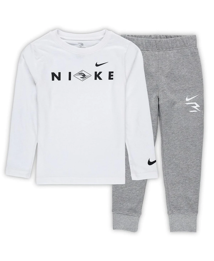Nike 3BRAND by Russell Wilson Preschool 2-Piece White/Gray Wordmark 2. 0 Fleece Long Sleeve T-Shirt and Sweatpants Set