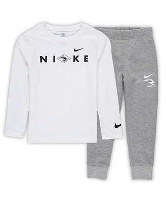 Nike 3BRAND by Russell Wilson Preschool 2-Piece White/Gray Wordmark 2. 0 Fleece Long Sleeve T-Shirt and Sweatpants Set