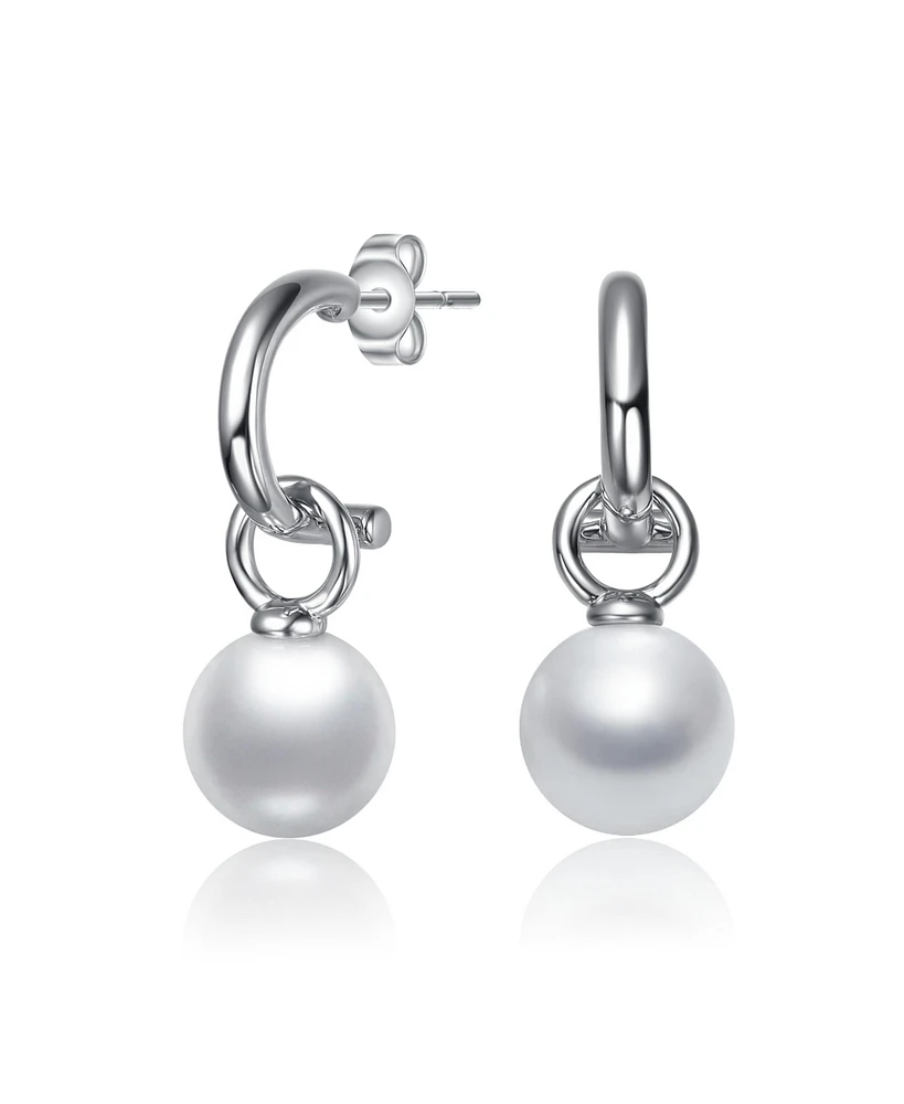 White Gold Plated with Round Pearl Huggie Drop Earrings