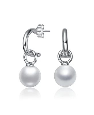 White Gold Plated with Round Pearl Huggie Drop Earrings