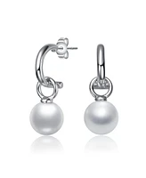 White Gold Plated with Round Pearl Huggie Drop Earrings