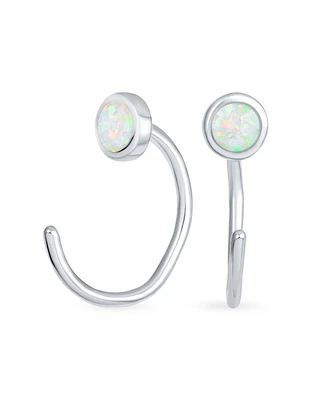Bling Jewelry Minimalist Round White Created Opal Huggie Geometric Non-Piercing Helix Cartilage Conch Bezel Band Wrap Ear Cuff Earringss .925 Sterling